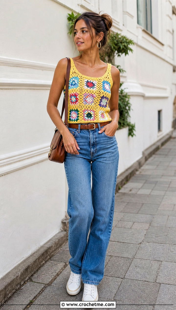 Granny Square Crochet Tank With Relaxed Jeans - 25 Diy Crochet Outfits ideas