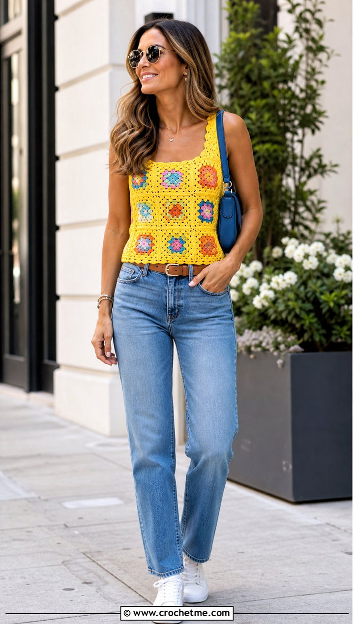 Granny Square Crochet Tank With Straight Leg Jeans - 35 cute crochet clothes ideas