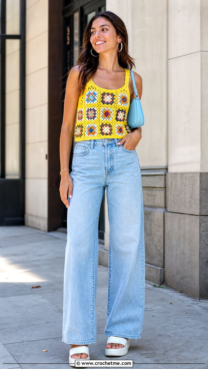 Granny Square Crochet Tank With Wide Leg Jeans - 35 crochet tops for summer outfit ideas