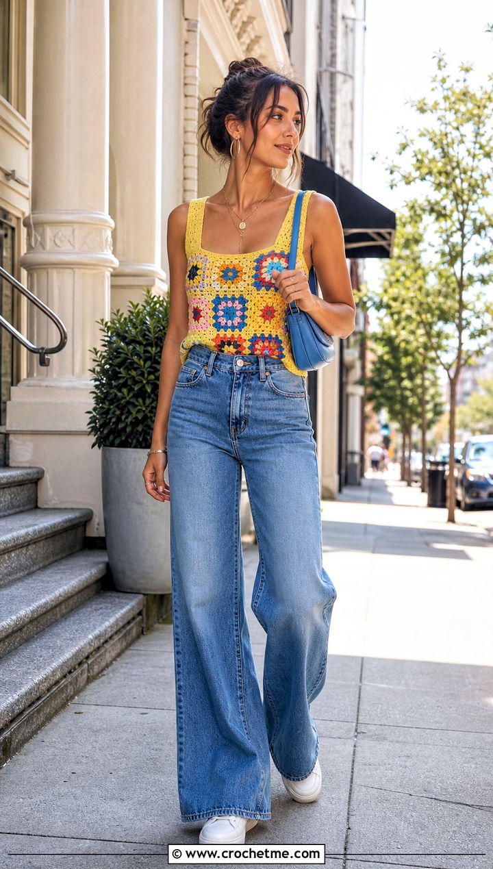 Granny Square Crochet Tank With Wide Leg Jeans - 35 crochet tank outfit ideas