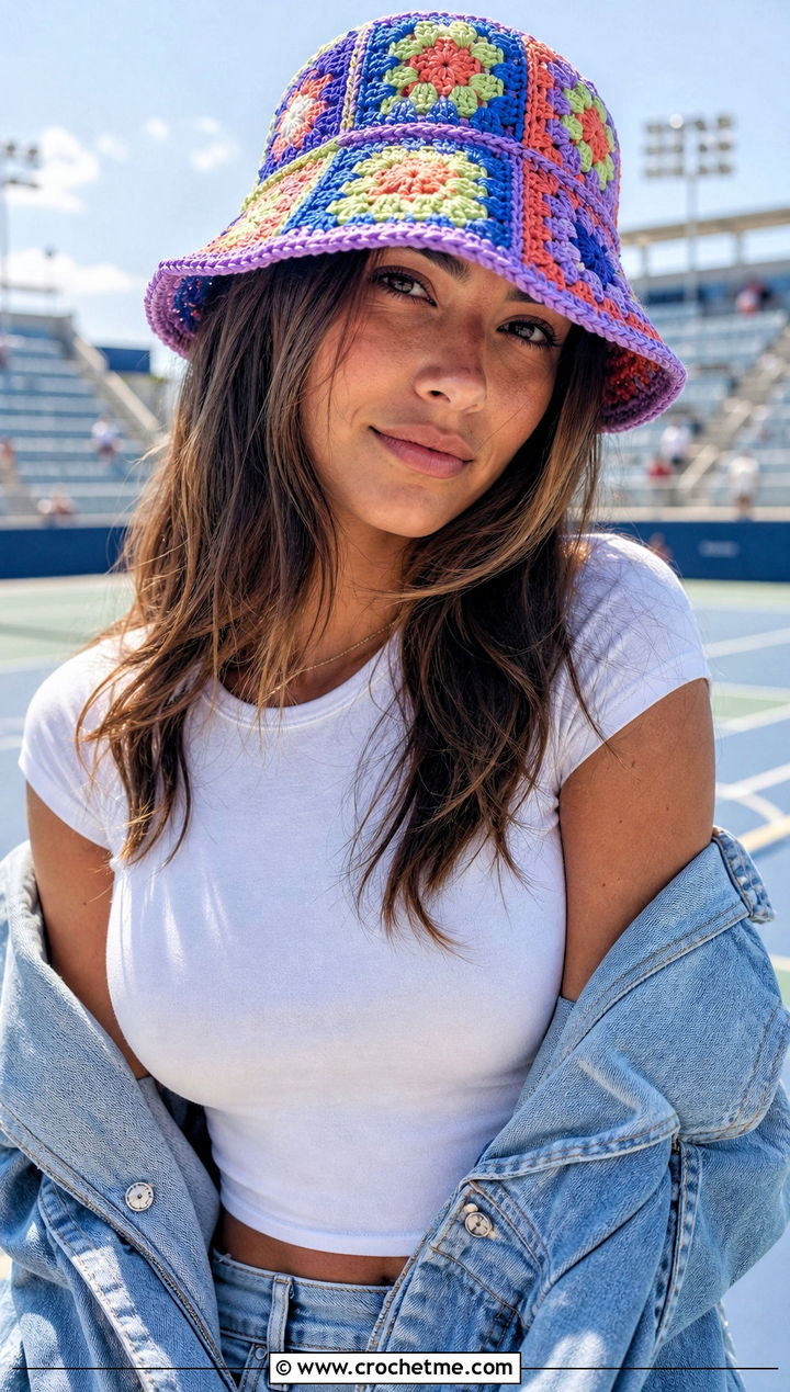 Granny Square Crochet Team Bucket Hat With T Shirt And Denim Shorts - 20 Crochet Team Hat outfit ideas
