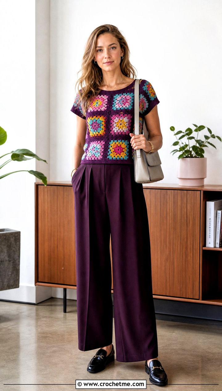 Granny Square Crochet Tee With Pleated Trousers - 15 intermediate crochet tee outfit ideas
