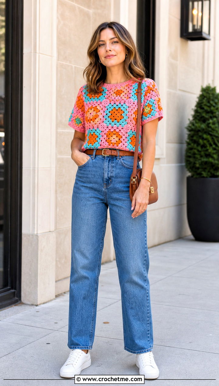 Granny Square Crochet Tee With Straight Leg Jeans - 35 crochet tee outfit ideas