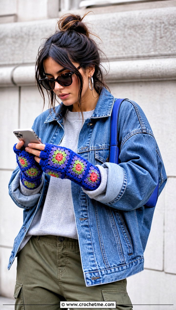 Granny Square Crochet Texting Gloves With Denim Jacket - 15 Crochet Texting Gloves outfit ideas