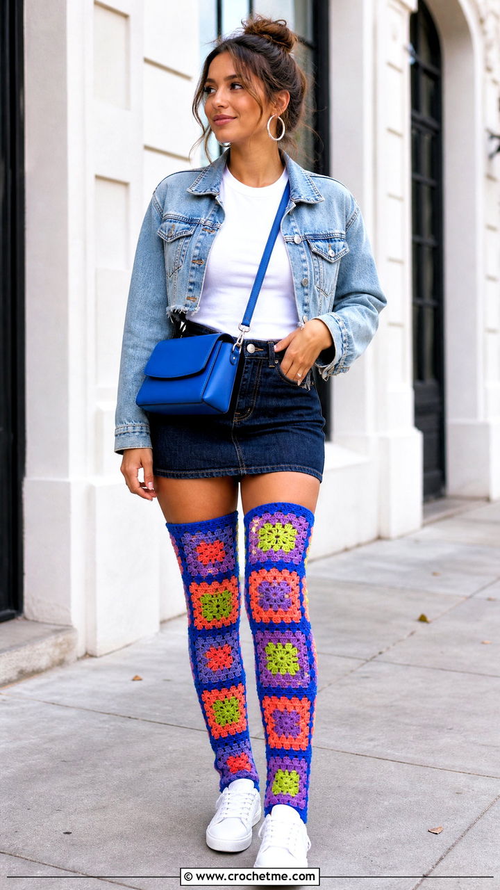 Granny Square Crochet Thigh High Socks With Denim Mini Skirt - 35 crochet thigh high socks outfit ideas