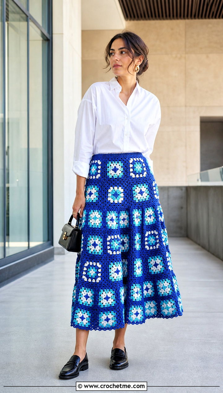 Granny Square Crochet Tiered Midi Skirt With White Shirt - 35 crochet tiered skirt outfit ideas
