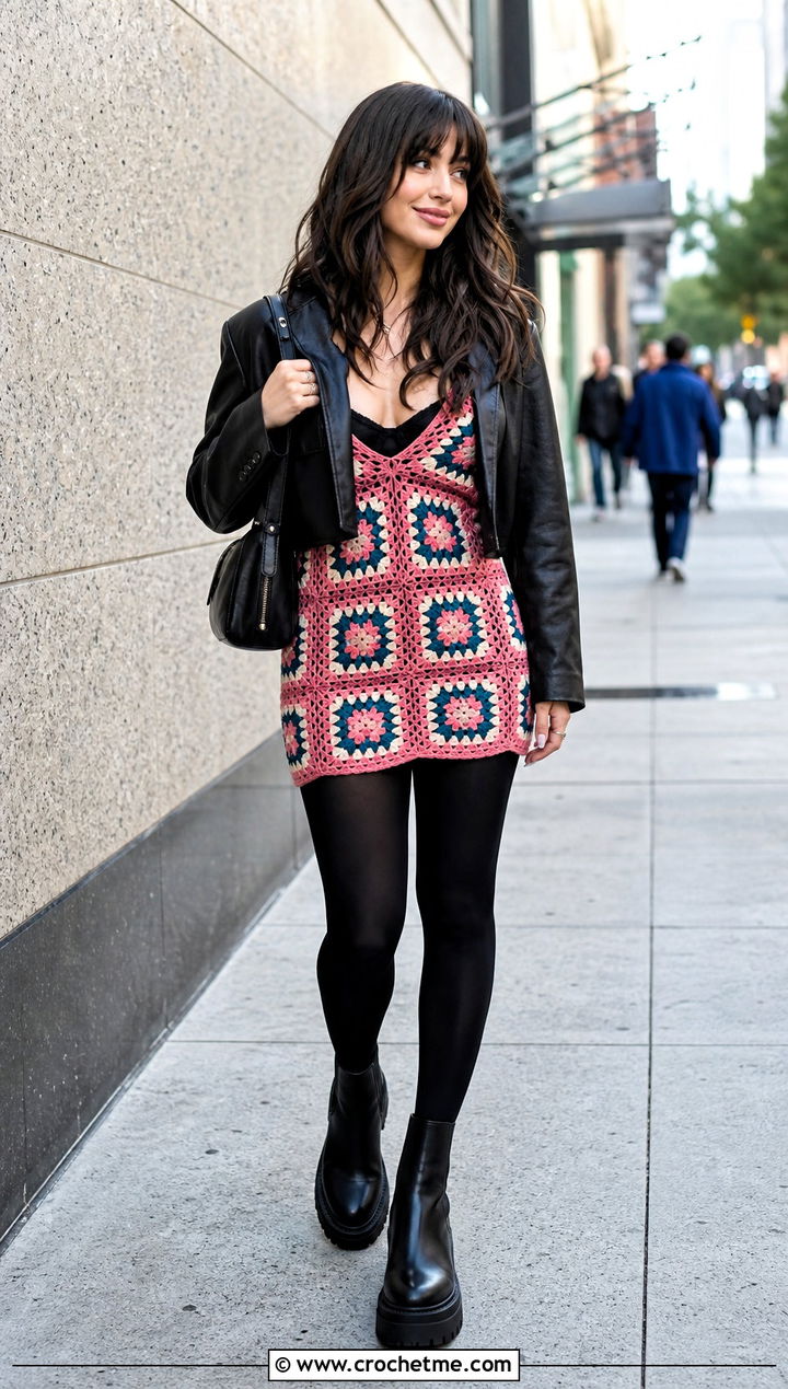Granny Square Crochet Tiny Dress With Leather Jacket - 20 Crochet Tiny Dress outfit ideas