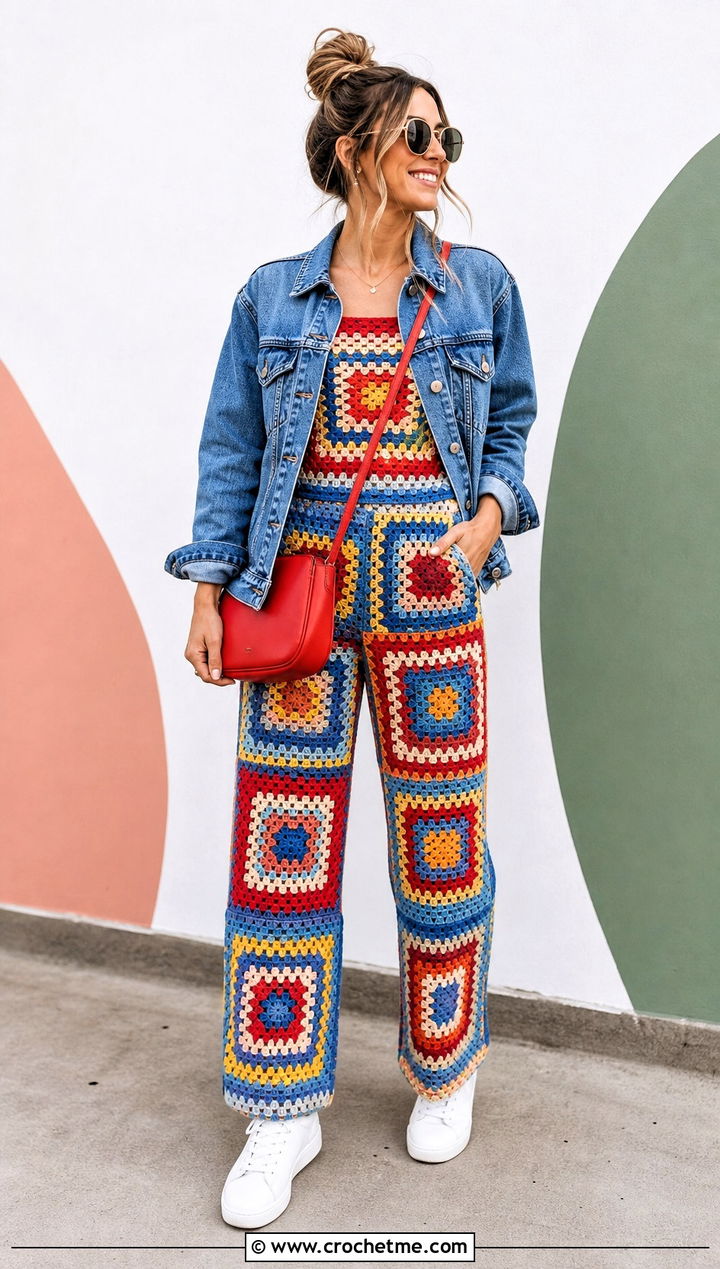 Granny Square Crochet Top And Patchwork Pants Set - 30 crochet pants set outfit ideas