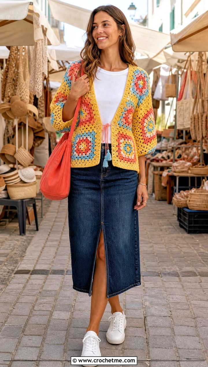 Granny Square Crochet Top Shrug With Denim Midi Skirt - 30 crochet top shrug outfit ideas