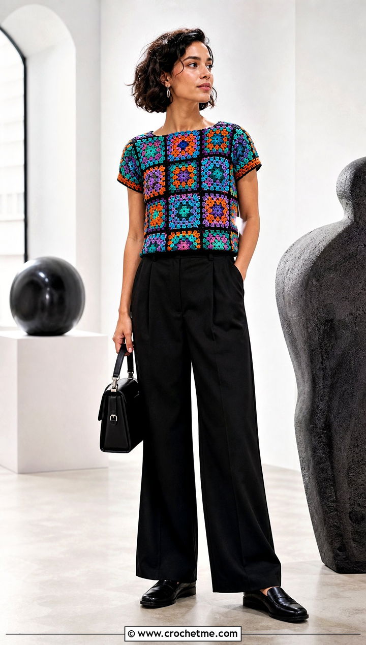 Granny Square Crochet Top With Black Trousers - 30 form crochet top outfit ideas