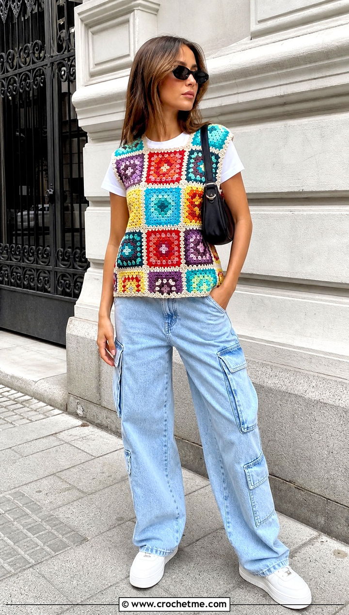 Granny Square Crochet Top With Cargo Jeans - 25 crochet top not cropped outfit ideas