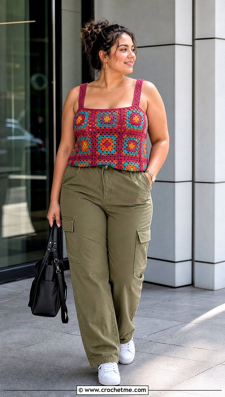Granny Square Crochet Top With Cargo Pants - 30 big bust crochet tops outfit ideas