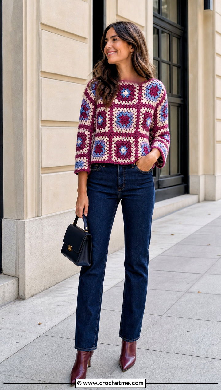 Granny Square Crochet Top With Dark Jeans - 35 Elegant Crochet Top outfit ideas