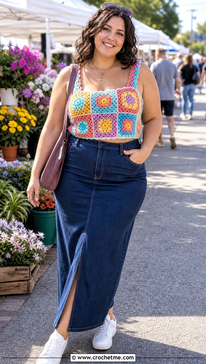 Granny Square Crochet Top With Denim Maxi Skirt - 15 crochet top for big bust outfit ideas