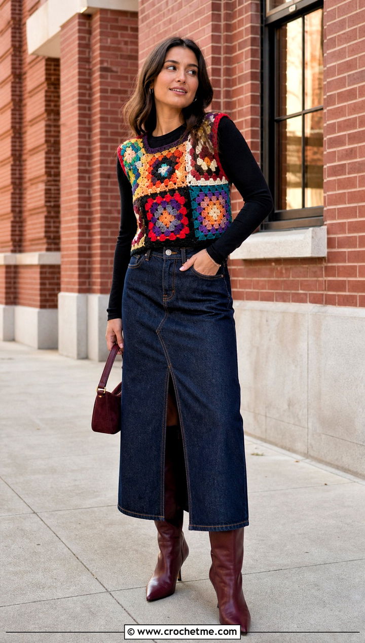Granny Square Crochet Top With Denim Maxi Skirt - 30 crochet fall tops outfit ideas