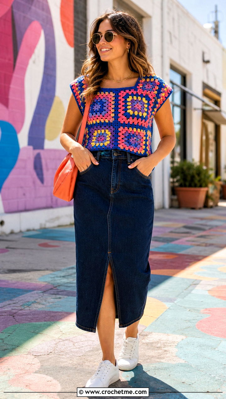 Granny Square Crochet Top With Denim Midi Skirt - 25 Flowy Crochet Top outfit ideas