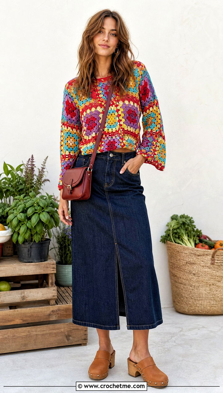 Granny Square Crochet Top With Denim Midi Skirt - 25 Crochet Top Ideas With Sleeves