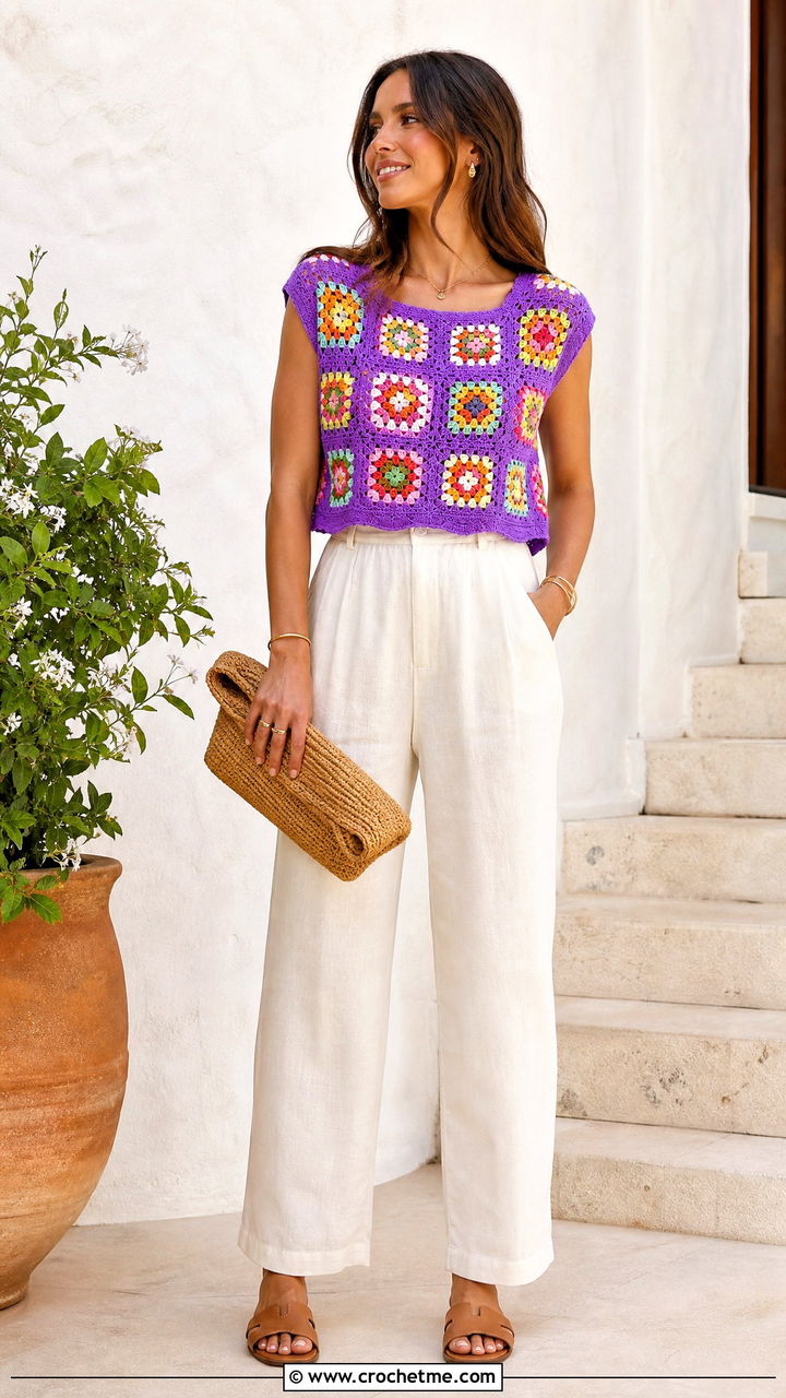 Granny Square Crochet Top With Linen Pants - 35 boho crochet tops outfit ideas