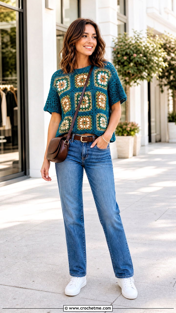 Granny Square Crochet Top With Straight Jeans - 35 styling crochet tops outfit ideas