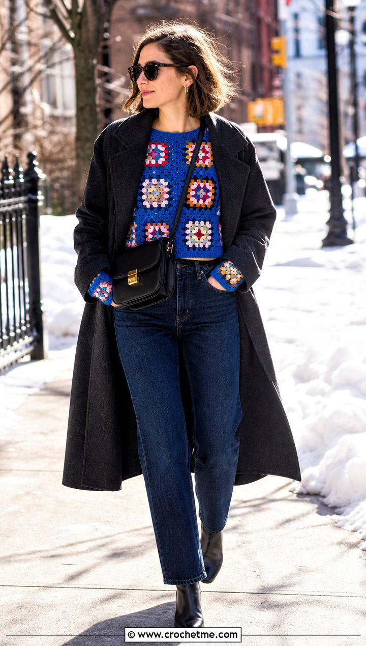 Granny Square Crochet Top With Straight Leg Jeans - 35 winter crochet top outfit ideas