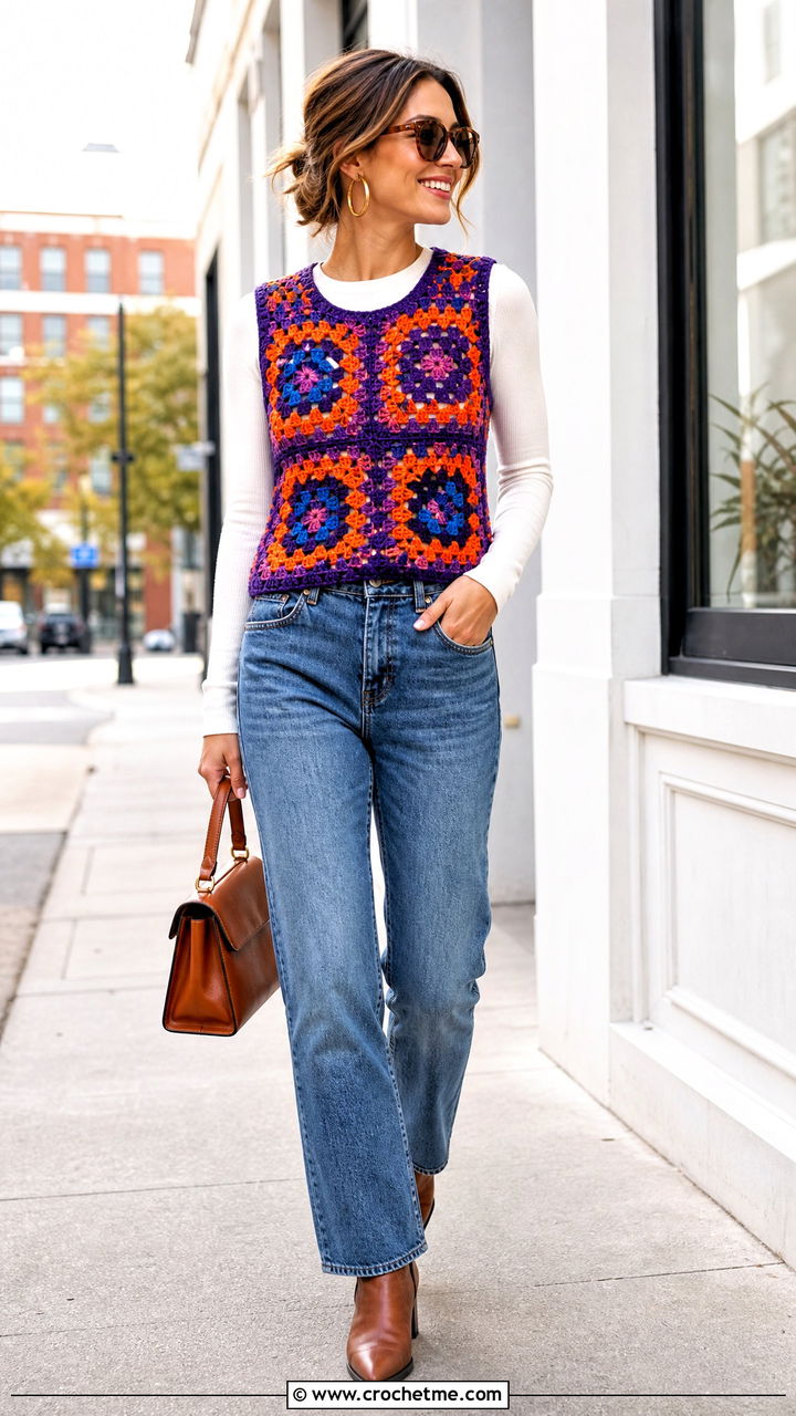 Granny Square Crochet Top With Straight Leg Jeans - 35 crochet fall top outfit ideas