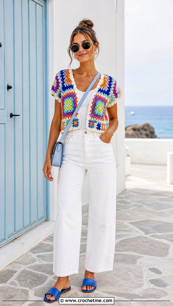 Granny Square Crochet Top With White Jeans - 15 honey punch crochet top outfit ideas