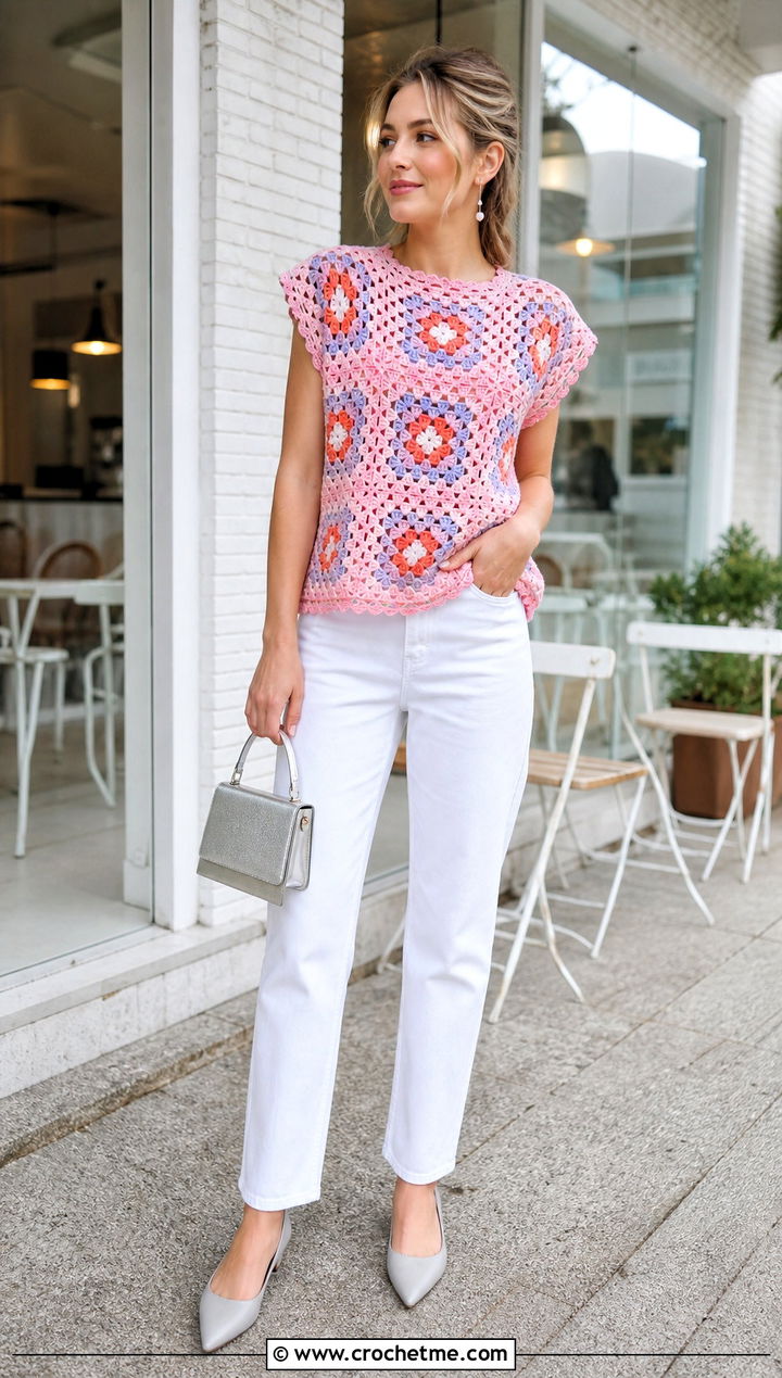 Granny Square Crochet Top With White Jeans - 25 lightweight crochet top outfit ideas