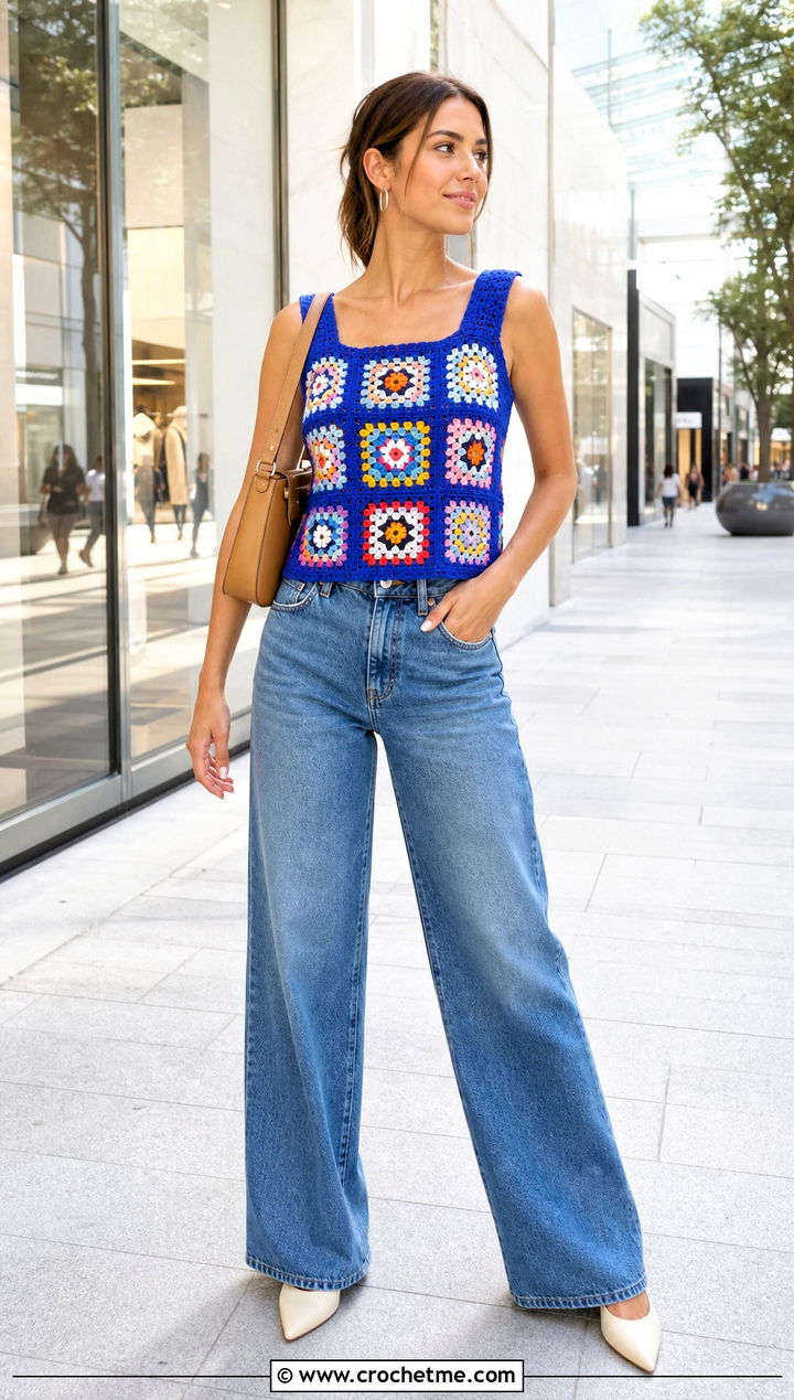 Granny Square Crochet Top With Wide Leg Jeans - 30 crochet top for outfit ideas
