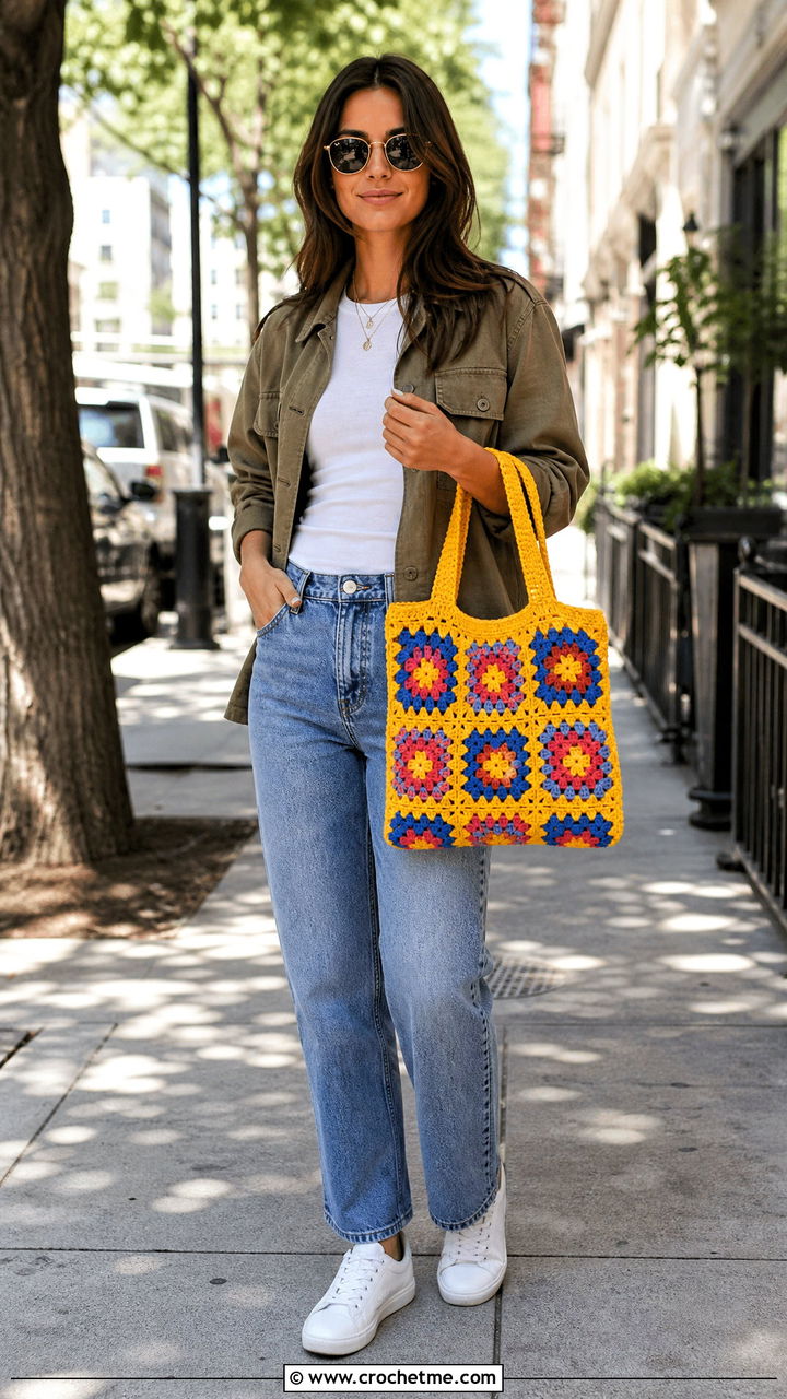 Granny Square Crochet Tote With Denim - 35 crochet accessories outfit ideas