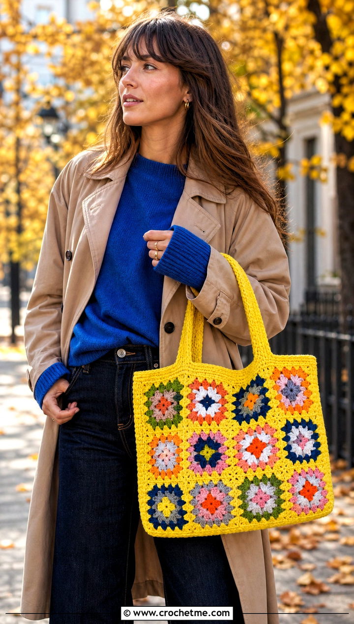 Granny Square Crochet Tote With Trench Coat - 25 Fall Crochet Outfit Ideas