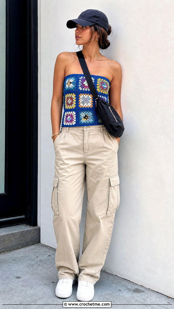 Granny Square Crochet Towel Top With Cargo Pants - 35 crochet towel tops outfit ideas