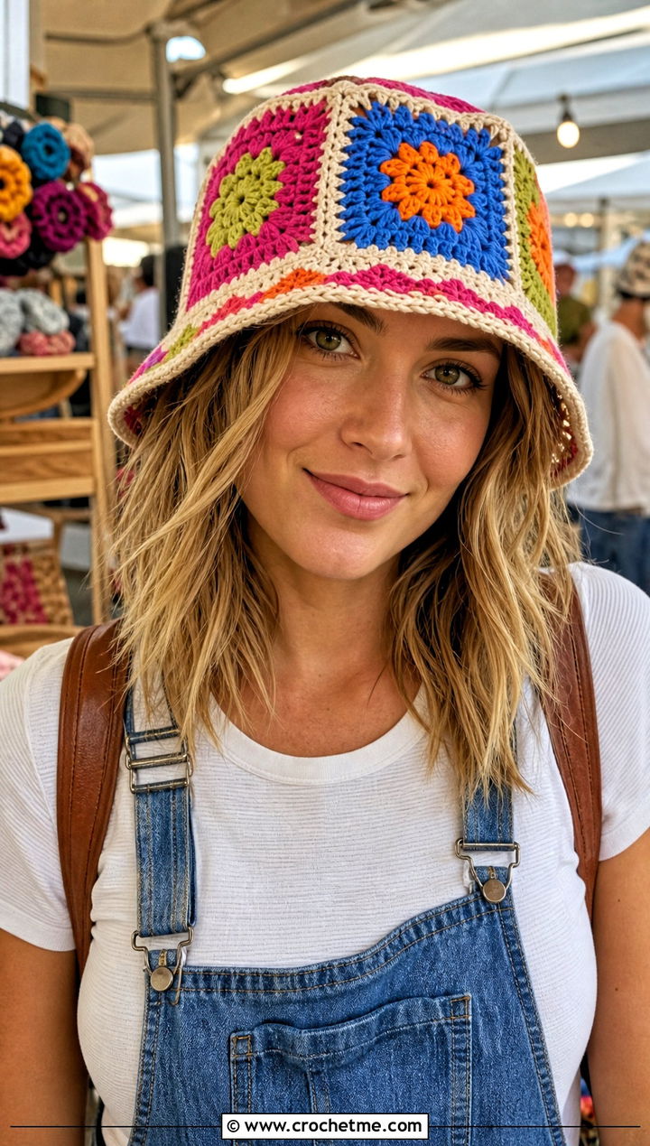 Granny Square Crochet Tractor Bucket Hat With Overalls - 20 Crochet Tractor Hat outfit ideas