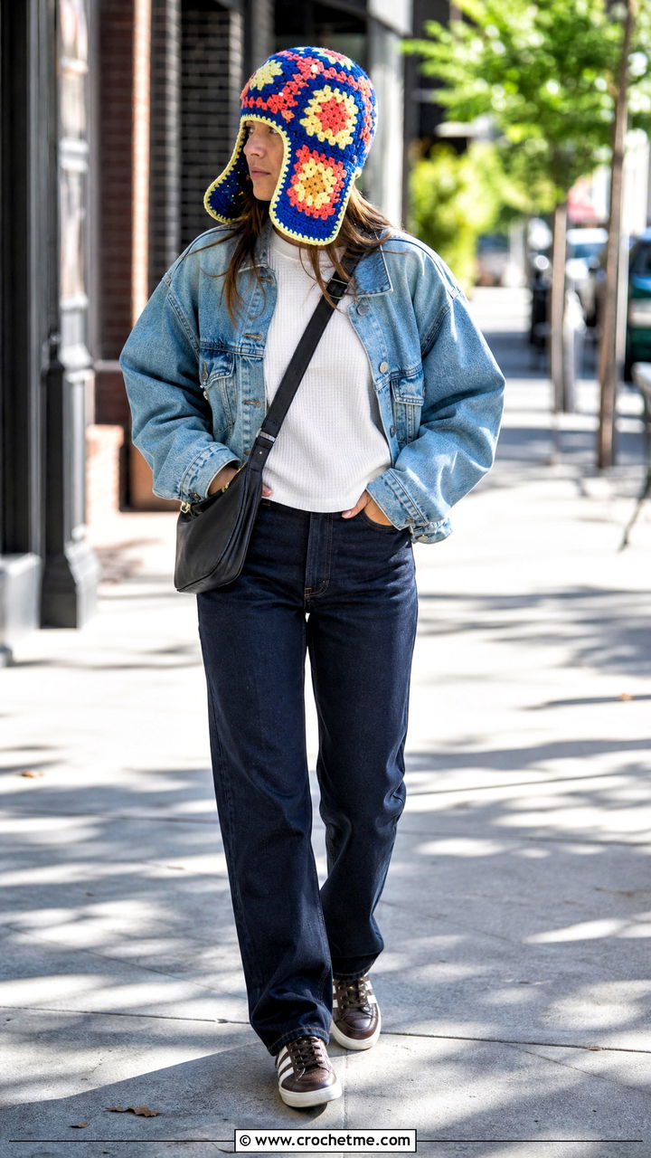 Granny Square Crochet Trapper Hat With Denim Jacket - 35 Crochet Trapper Hat outfit ideas