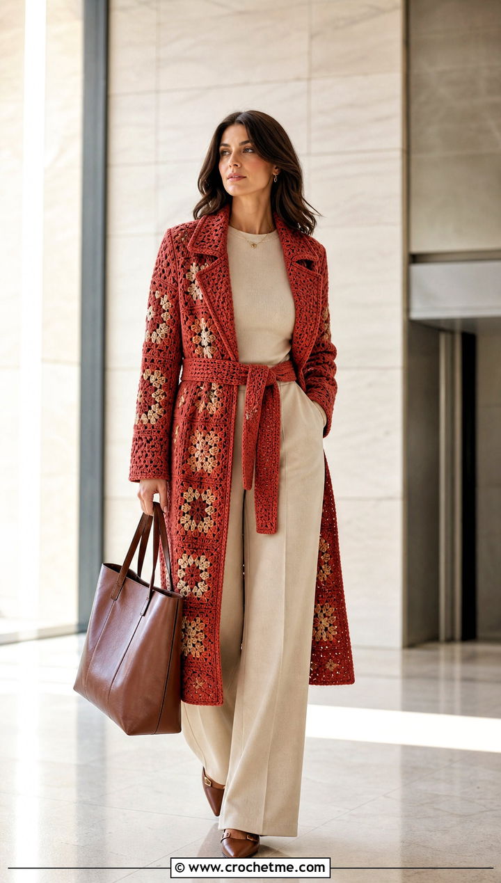 Granny Square Crochet Trench Coat With Matching Separates - 25 Granny Square Crochet Coat outfit ideas