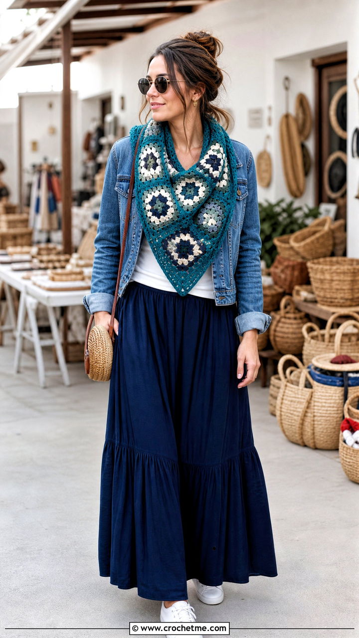 Granny Square Crochet Triangle Scarf With Denim Jacket And Maxi Skirt - 35 crochet triangle scarf outfit ideas