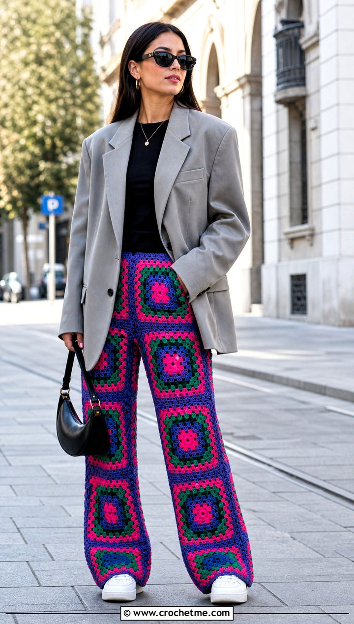 Granny Square Crochet Trousers With Oversized Blazer - 35 Modest Crochet Outfit Ideas