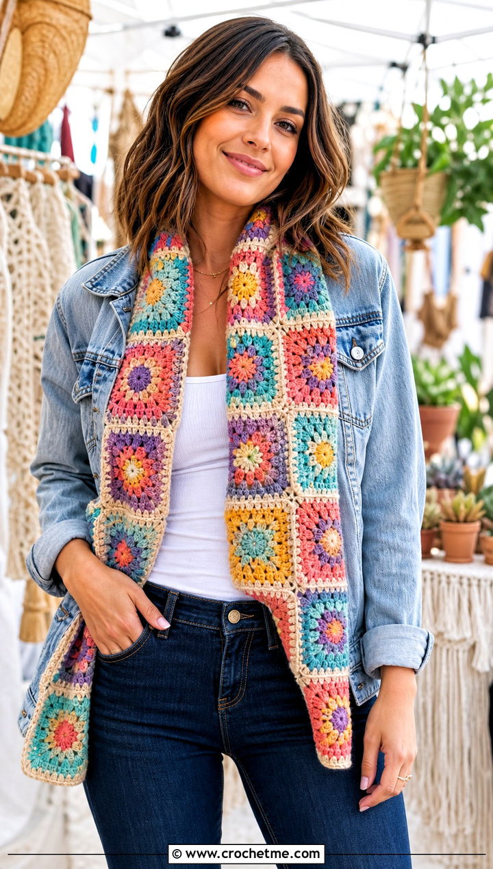 Granny Square Crochet Tube Scarf With Denim Jacket - 20 Crochet Tube Scarf outfit ideas