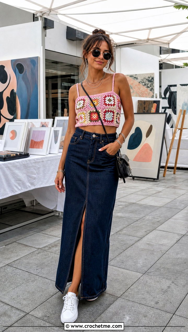 Granny Square Crochet Tube Top With Denim Maxi Skirt - 30 Crochet Tube Top With Straps outfit ideas
