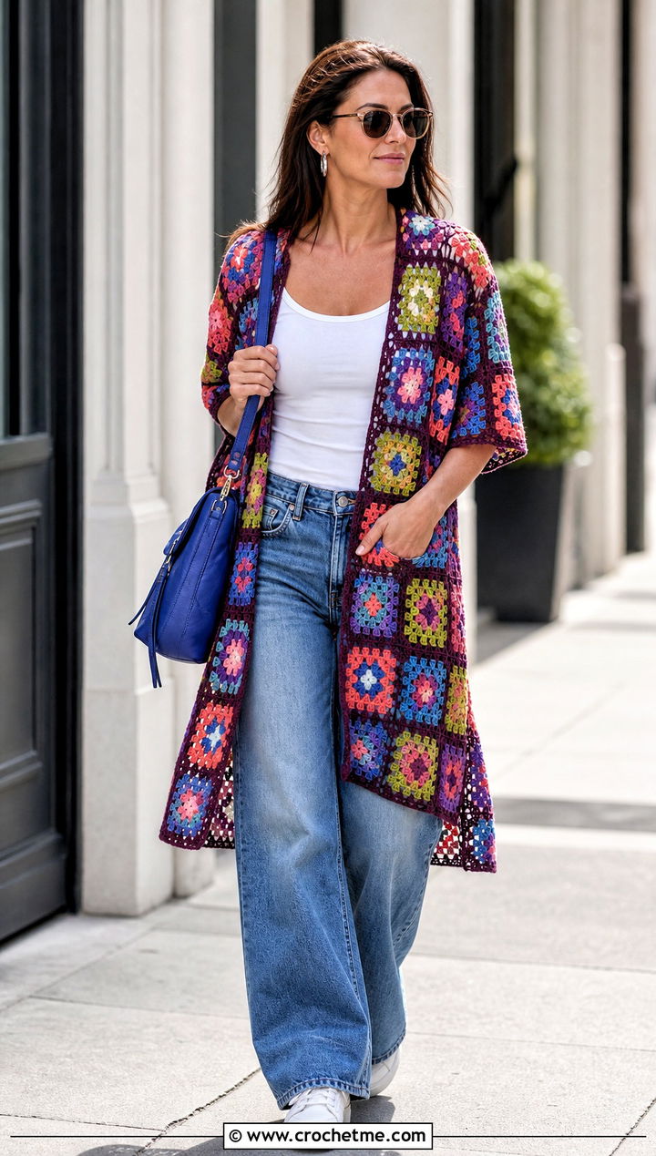 Granny Square Crochet Tunic Cover Up With Wide Leg Jeans - 15 crochet tunic cover up outfit ideas