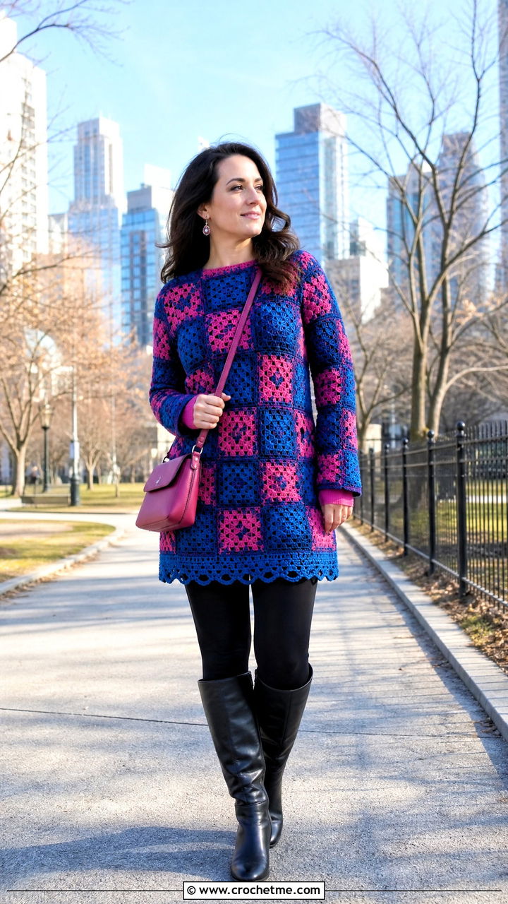Granny Square Crochet Tunic Sweater With Leggings - 35 granny square crochet sweater outfit ideas