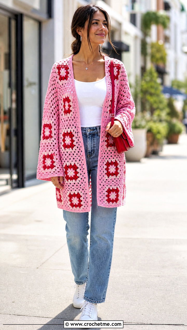 Granny Square Crochet Tunic With Straight Leg Jeans - 15 crochet tunic ideas