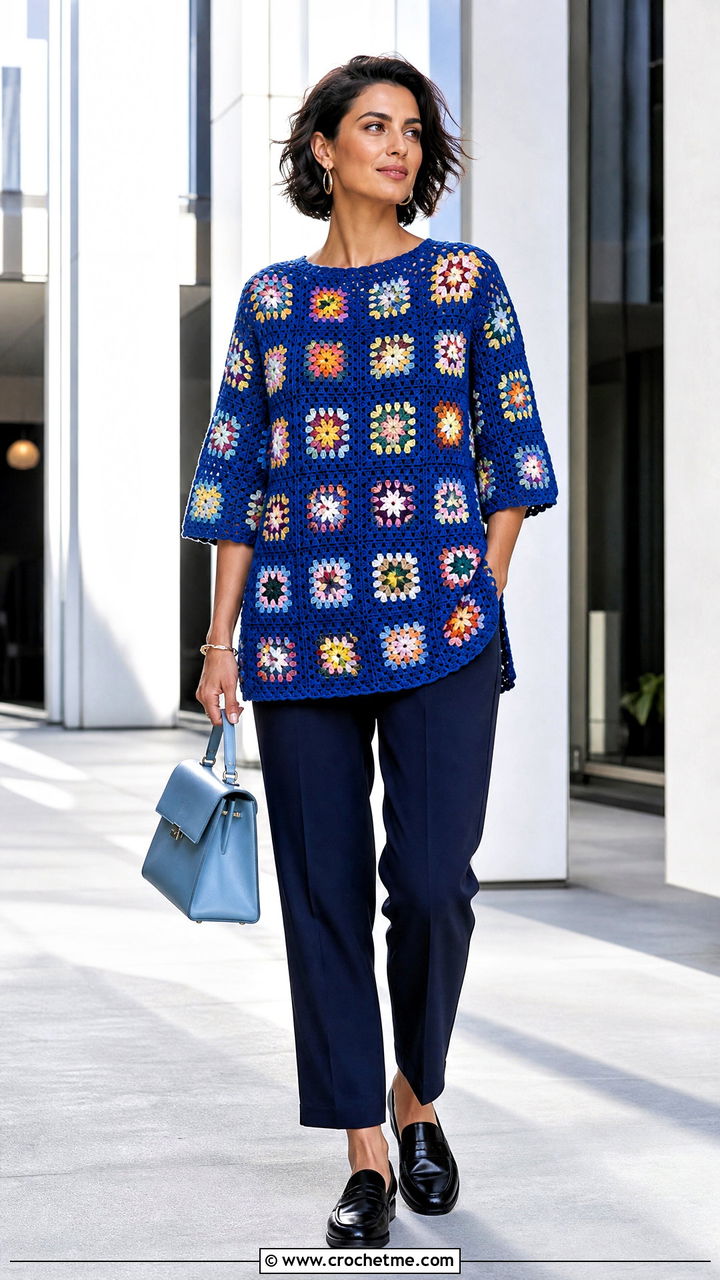 Granny Square Crochet Tunic With Straight Leg Pants - 35 crochet tunic outfit ideas
