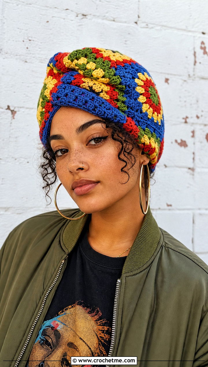 Granny Square Crochet Turban Hat With Cargo Pants And Sneakers - 35 crochet turban hat outfit ideas
