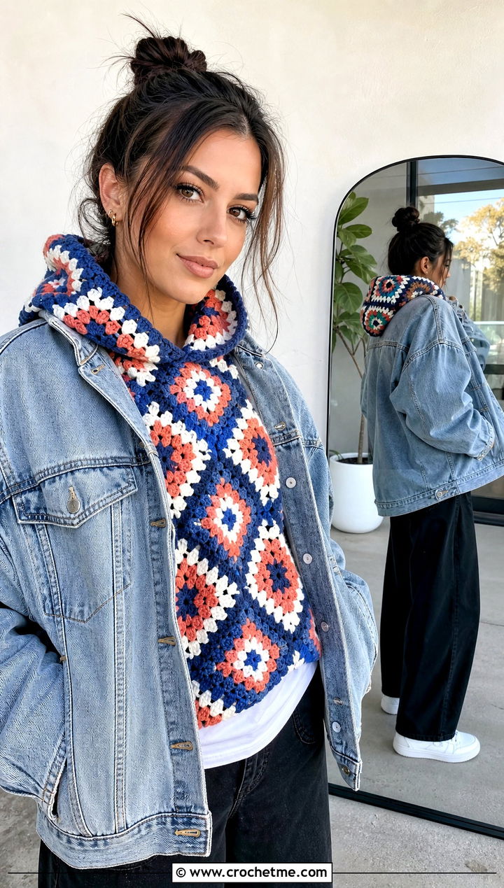 Granny Square Crochet Turtle Neck Hoodie With Denim Jacket - 30 crochet turtle neck hoodie outfit ideas