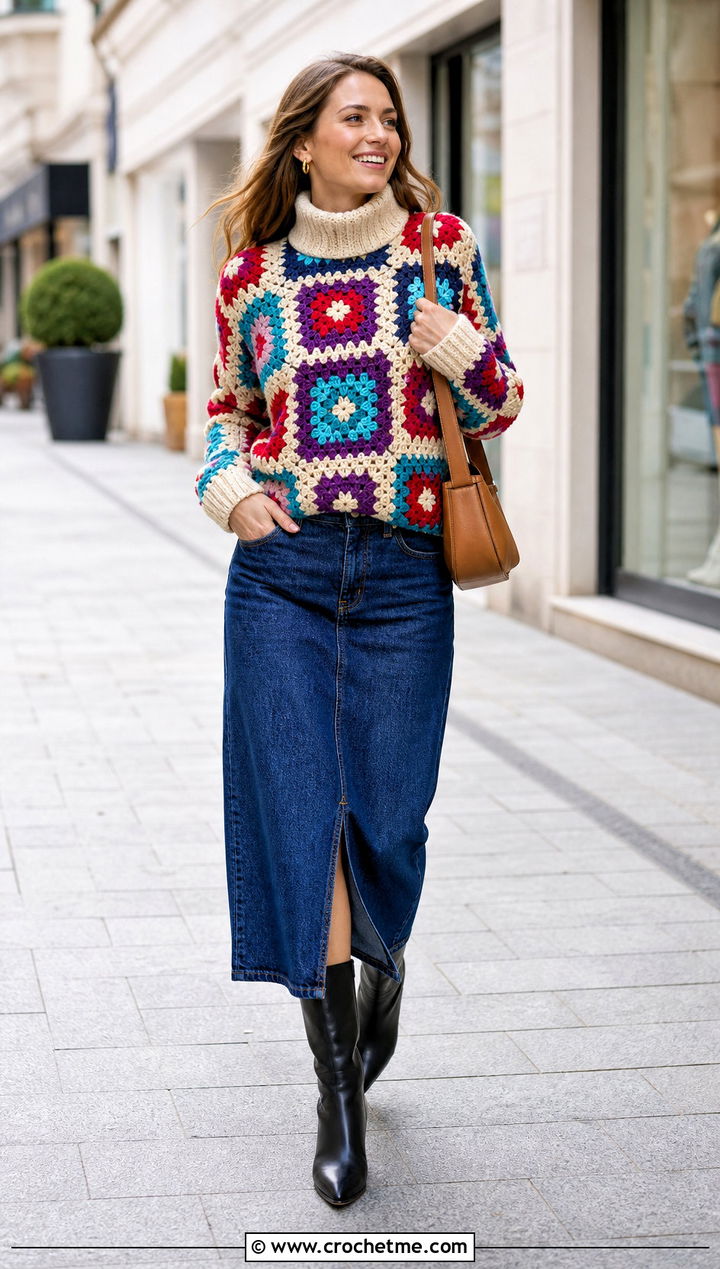 Granny Square Crochet Turtle Neck Sweater With Denim Midi Skirt - 35 crochet turtle neck sweater outfit ideas