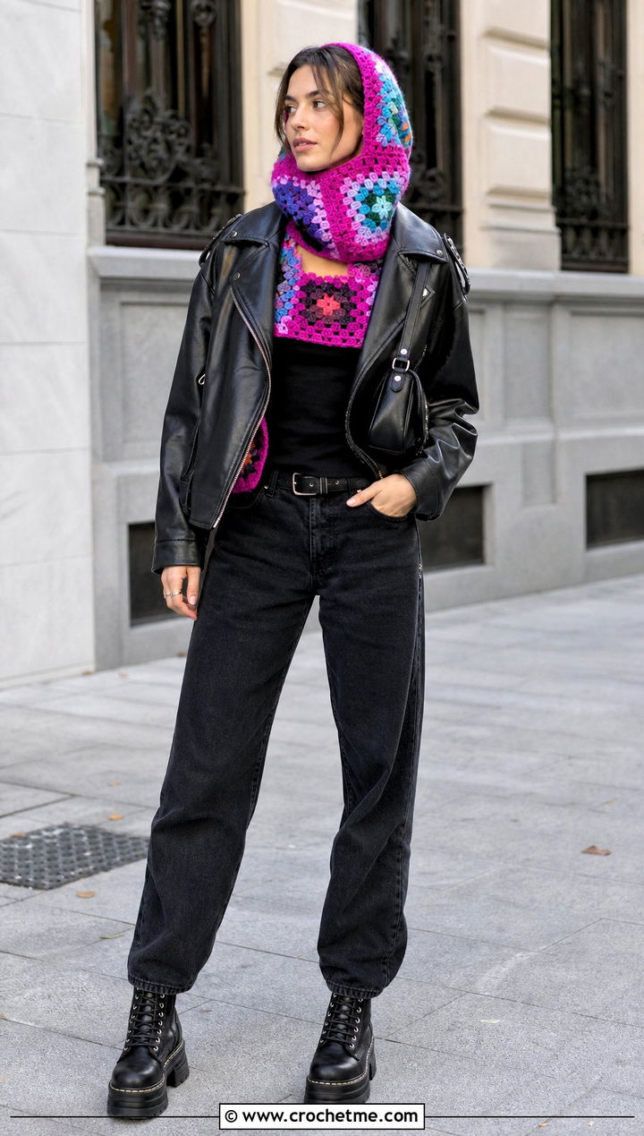Granny Square Crochet Turtleneck Hoodie With Leather Jacket - 35 crochet turtleneck hoodie outfit ideas