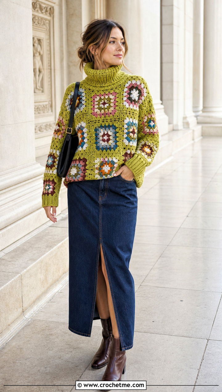 Granny Square Crochet Turtleneck Sweater With Denim Maxi Skirt - 30 crochet turtleneck sweater outfit ideas