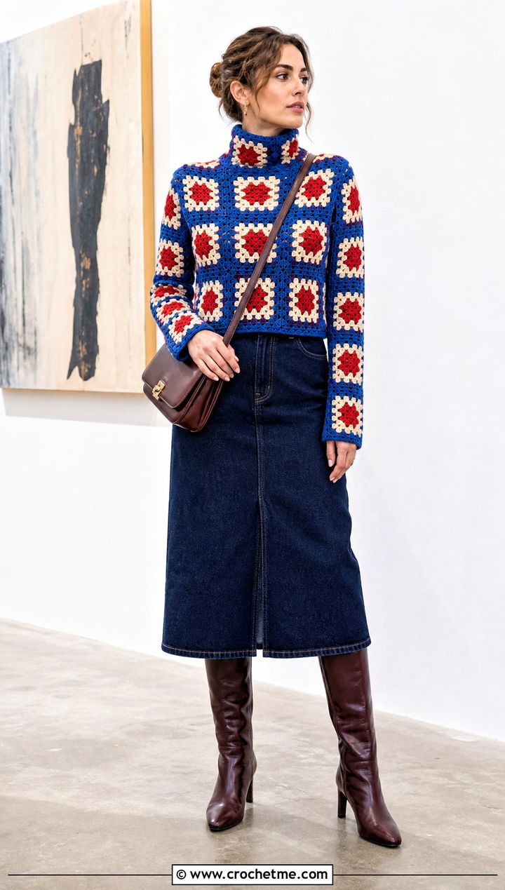 Granny Square Crochet Turtleneck Top With Denim Skirt - 30 crochet turtleneck top outfit ideas
