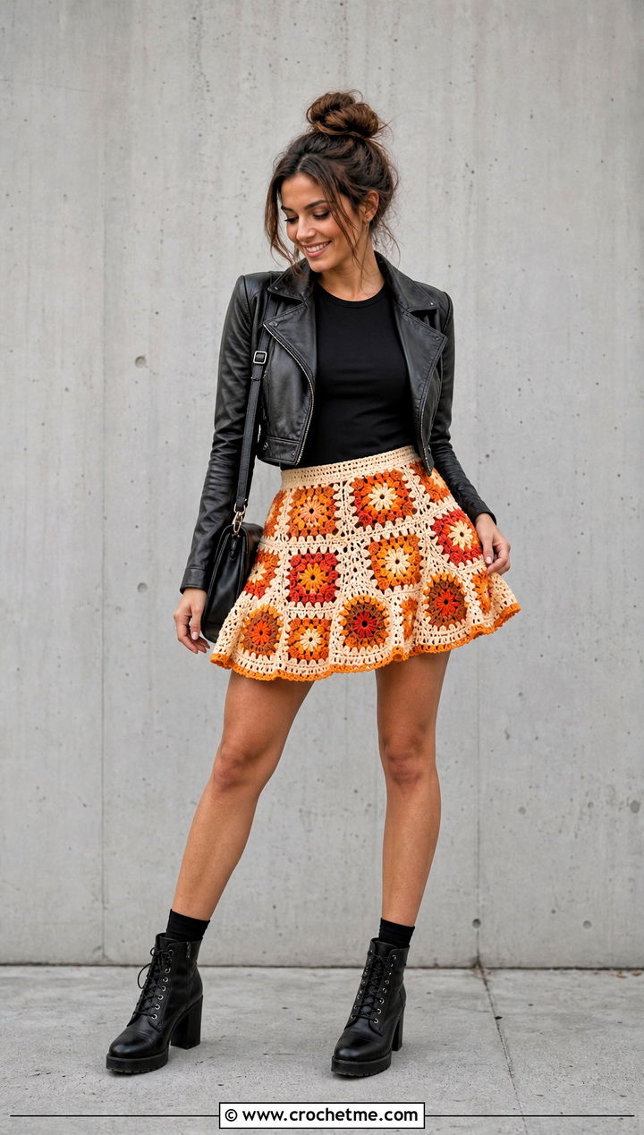 Granny Square Crochet Tutu Skirt With Leather Jacket - 20 Crochet Tutu Skirt outfit ideas
