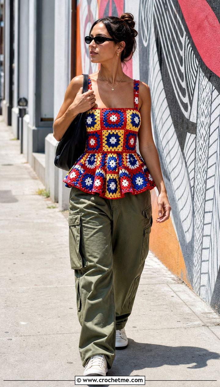 Granny Square Crochet Tutu Top With Cargo Pants - 15 crochet tutu top ideas